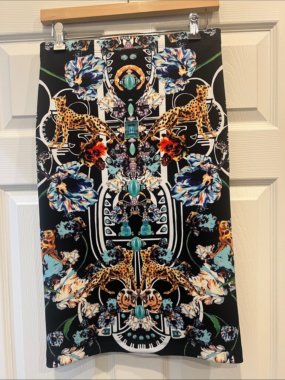 Clover Canyon Black Pencil Skirt with Turquoise, Gold & Blue Print